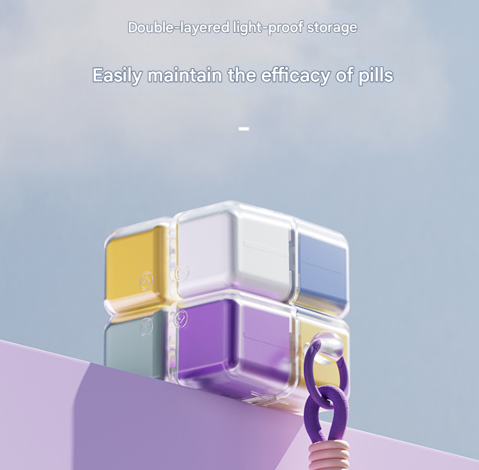 Black 8-Grid Magic Cube Pill Box with Lanyard - Portable Weekly Sealed Tablet Organizer & Dispenser