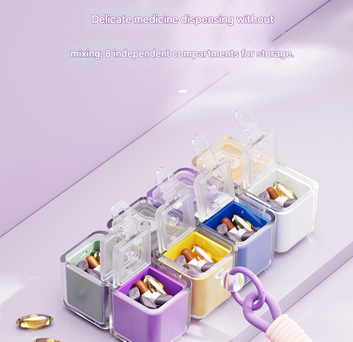 Yellow 8-Grid Magic Cube Pill Box with Lanyard - Portable Weekly Sealed Tablet Organizer & Dispenser