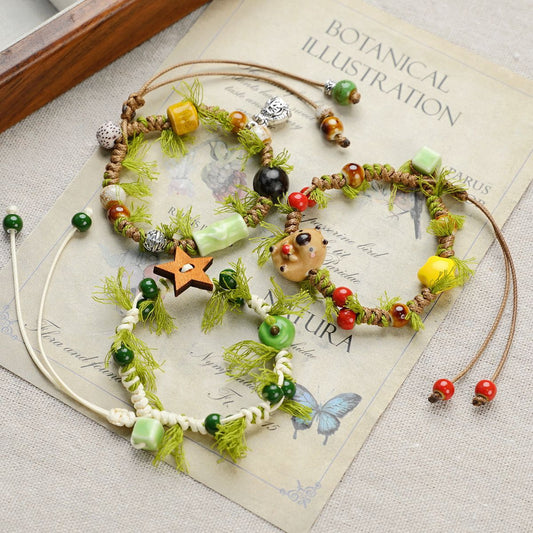 3-PCS Fresh & Whimsical Christmas Ceramic Braided Bracelet - Cartoon Animal Hand Rope, Artistic Hand Jewelry