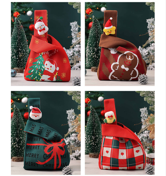 Festive 4-Piece Christmas Gift Bag Set - Adorable Knitted Holiday Treat & Present Pouches