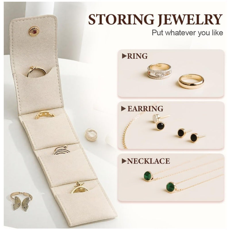 Beige Portable Mini Jewelry Pouch Soft Velvet Travel Organizer for Rings and Earrings Compact Snap Button Storage Bag Ideal for Daily Use