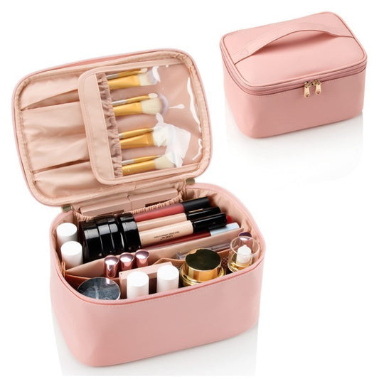 Pink Large Capacity Travel Makeup Bag Portable Cosmetic Case with Handle and Dividers Elegant Toiletry Organizer for Daily Use