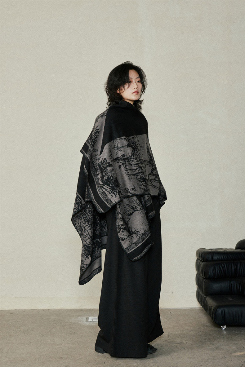 Faux Cashmere Shawl (Qingming Scroll Print) - Black Brown Green, 160*135cm