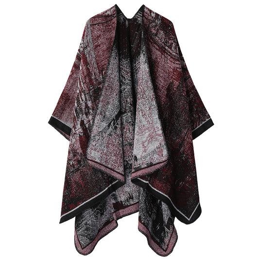 Faux Cashmere Shawl (Qingming Scroll Print) - Black Red, 160*135cm