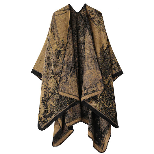 Faux Cashmere Shawl (Qingming Scroll Print) - Yellow Brown, 160*135cm