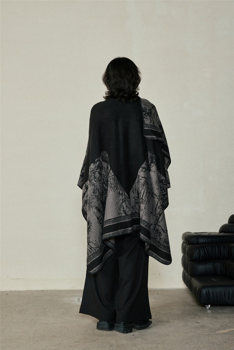 Faux Cashmere Shawl (Qingming Scroll Print) - Yellow Brown, 160*135cm