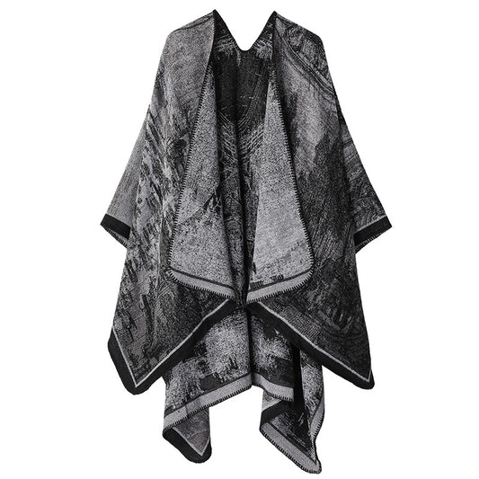 Faux Cashmere Shawl (Qingming Scroll Print) - Black Gray, 160*135cm
