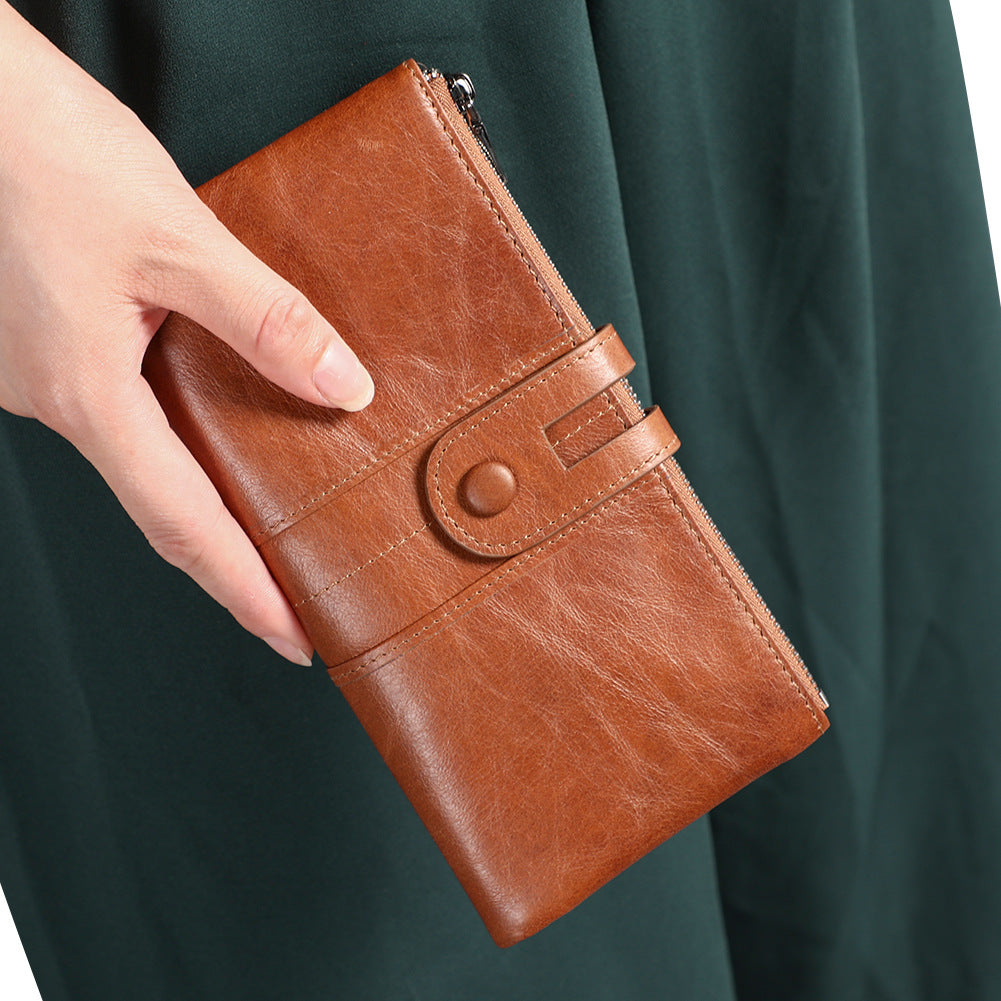 Green Premium Leather Long Wallet Clutch Organizer 19x10x3cm - 15 Card Slots