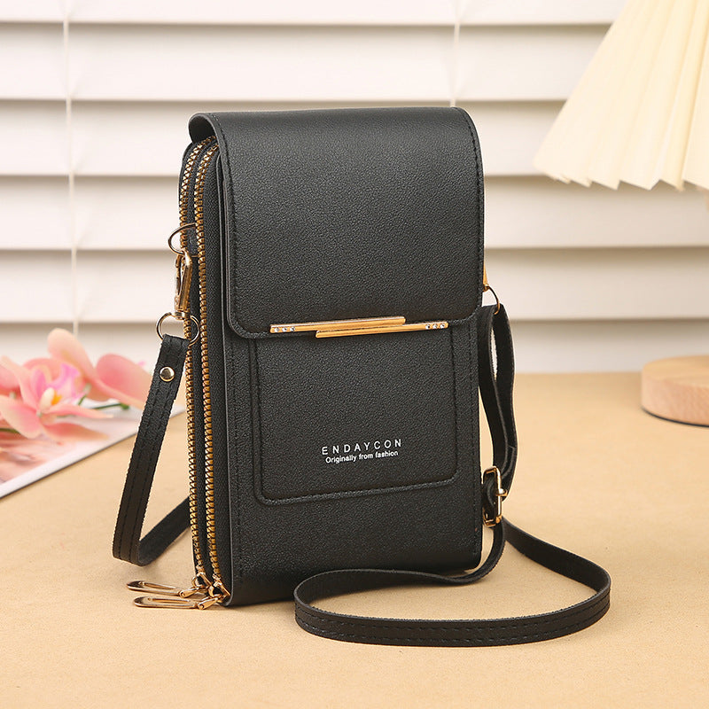 Black Women's Cute Mini PU Leather Crossbody Phone Bag (19x12x4cm) - Touch Screen Window, Vertical Style