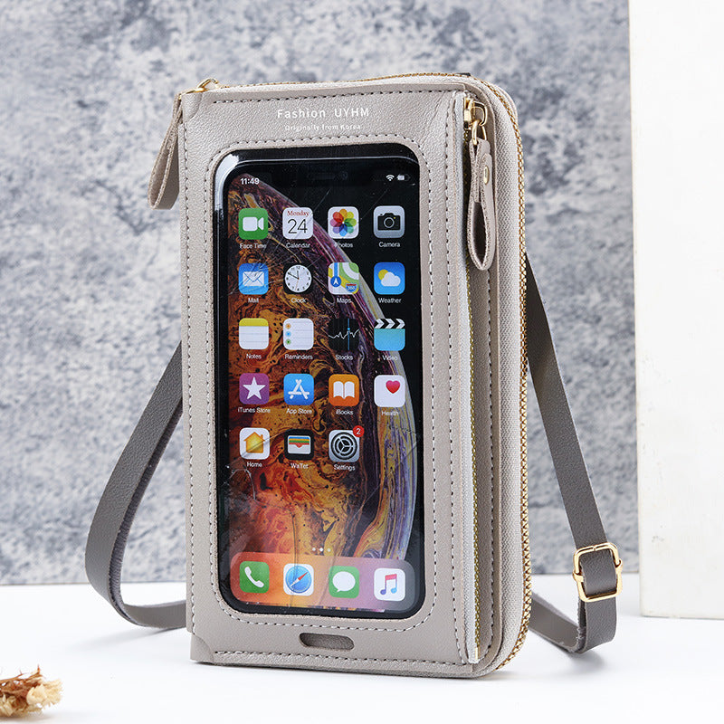 Two-Piece Grey Set Anti-Theft Touch Screen Mini Crossbody Phone Bag for Women (20x11.5x4.5cm) - Multi-functional PU Leather Wallet Pouch