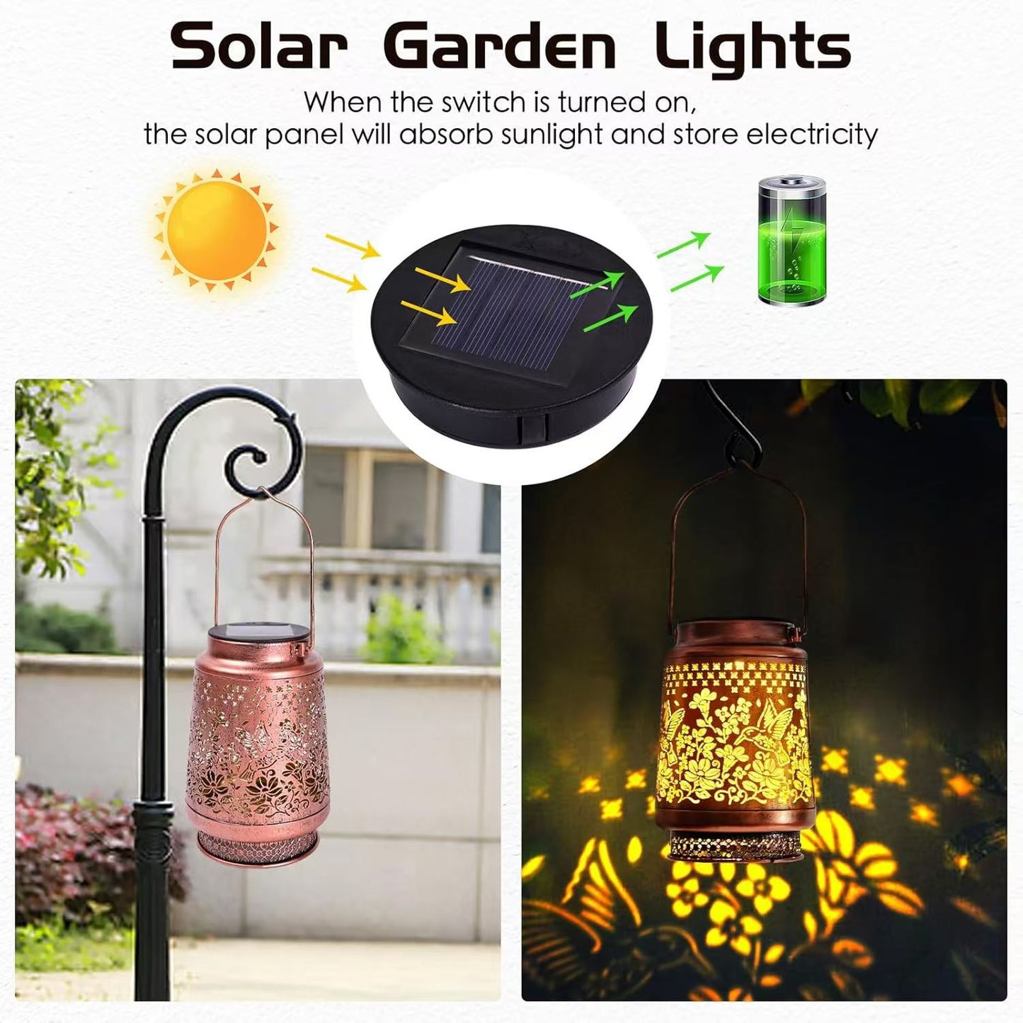 Decorative Solar Hummingbird Lantern(11x11x17CM) - Waterproof Hanging Iron Art Outdoor Projection Light for Garden and Patio (Up to 12 Hrs Illumination)