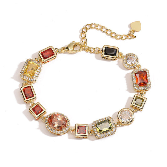 Gold Elegant Light Luxury Geometric Colorful Gemstone Bracelet (L: 16-21CM) - Copper Cuban Chain Cuff