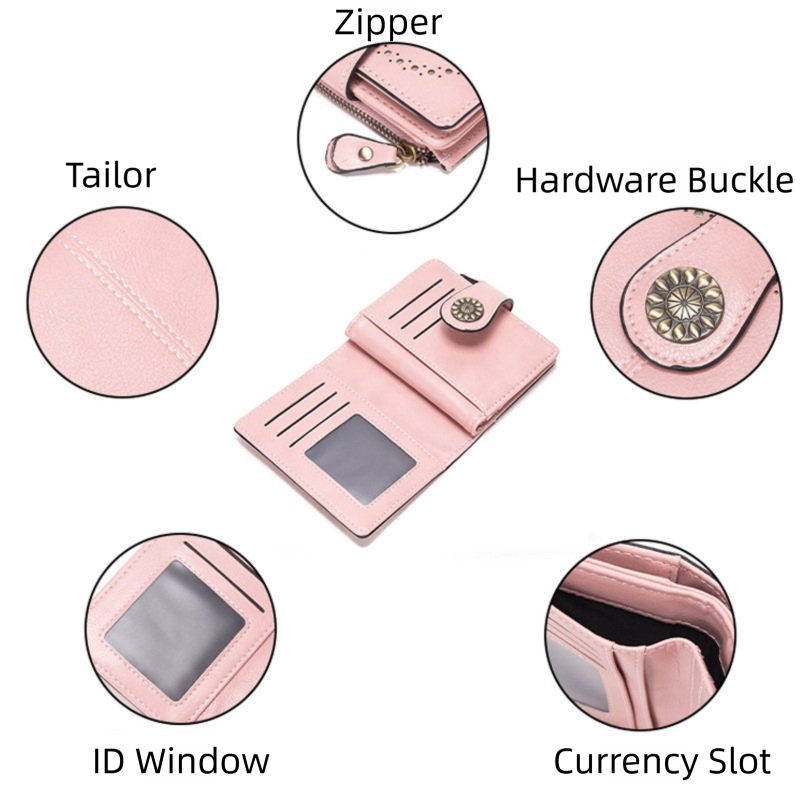 Red Korean Style Cutout Compact PU Leather Wallet - Women's Mini Bifold Purses with 8 Card Slots, 2 ID Window & Coin Zip Pocket