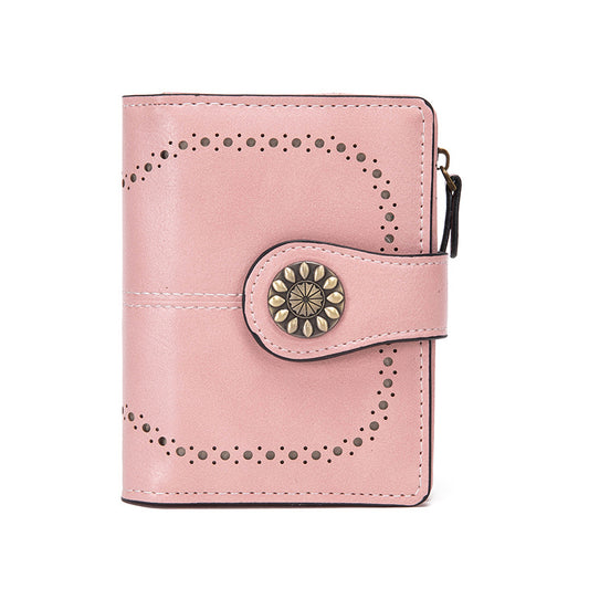 Pink Korean Style Cutout Compact PU Leather Wallet - Women's Mini Bifold Purses with 8 Card Slots, 2 ID Window & Coin Zip Pocket