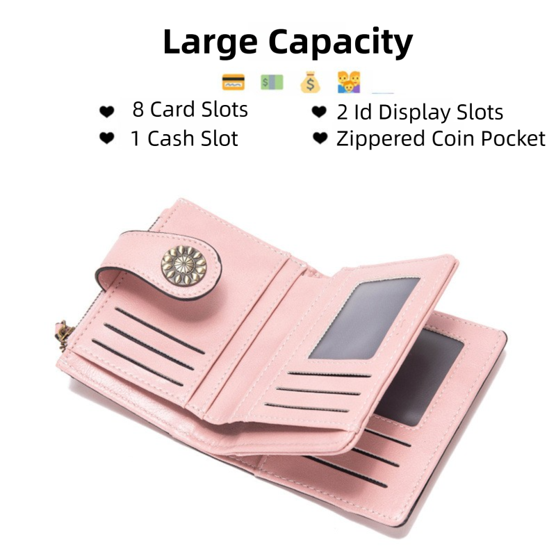 Pink Korean Style Cutout Compact PU Leather Wallet - Women's Mini Bifold Purses with 8 Card Slots, 2 ID Window & Coin Zip Pocket