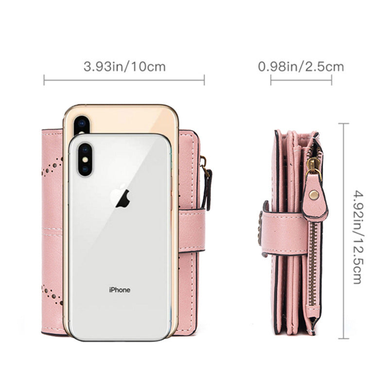 Dark Brown Korean Style Cutout Compact PU Leather Wallet - Women's Mini Bifold Purses with 8 Card Slots, 2 ID Window & Coin Zip Pocket