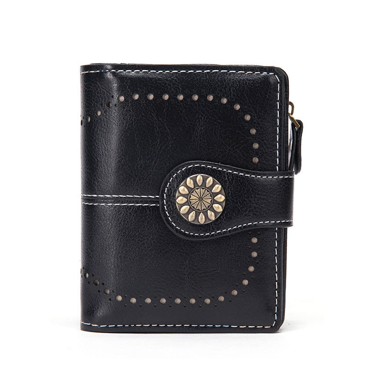 Black Korean Style Cutout Compact PU Leather Wallet - Women's Mini Bifold Purses with 8 Card Slots, 2 ID Window & Coin Zip Pocket
