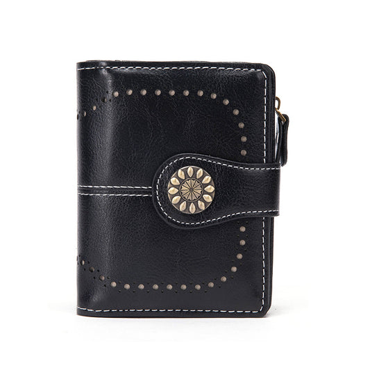 Black Korean Style Cutout Compact PU Leather Wallet - Women's Mini Bifold Purses with 8 Card Slots, 2 ID Window & Coin Zip Pocket