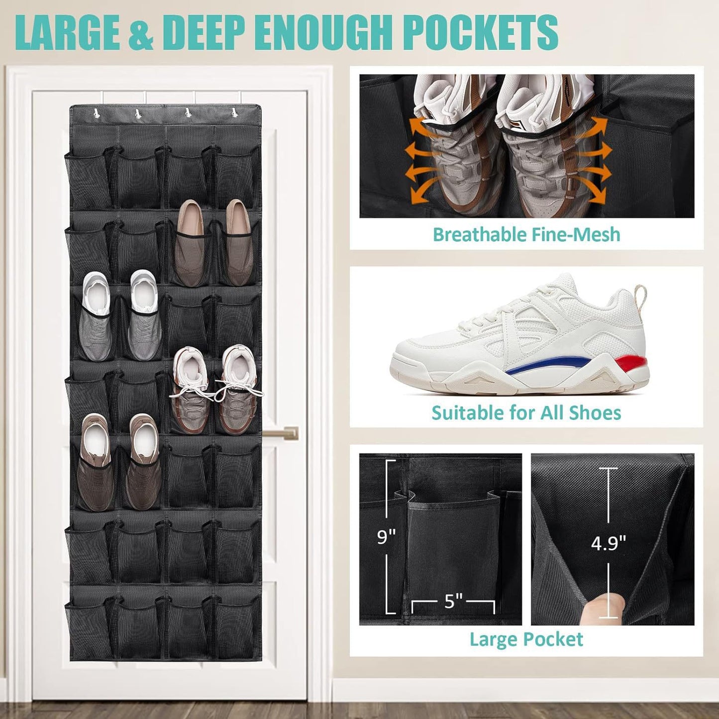 White 28-Pocket Over-the-Door Shoe Organizer with Breathable Mesh – Wall Hanging Storage Bag for Shoes, Boots, and Accessories