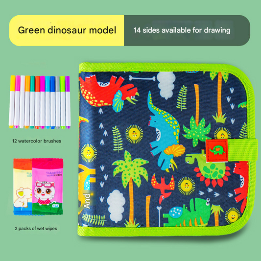 Green dinosaur Portable Reusable Drawing Board for Kids - erasable Doodle Book with Water Chalk Pens - Toddler Travel Activity Toy