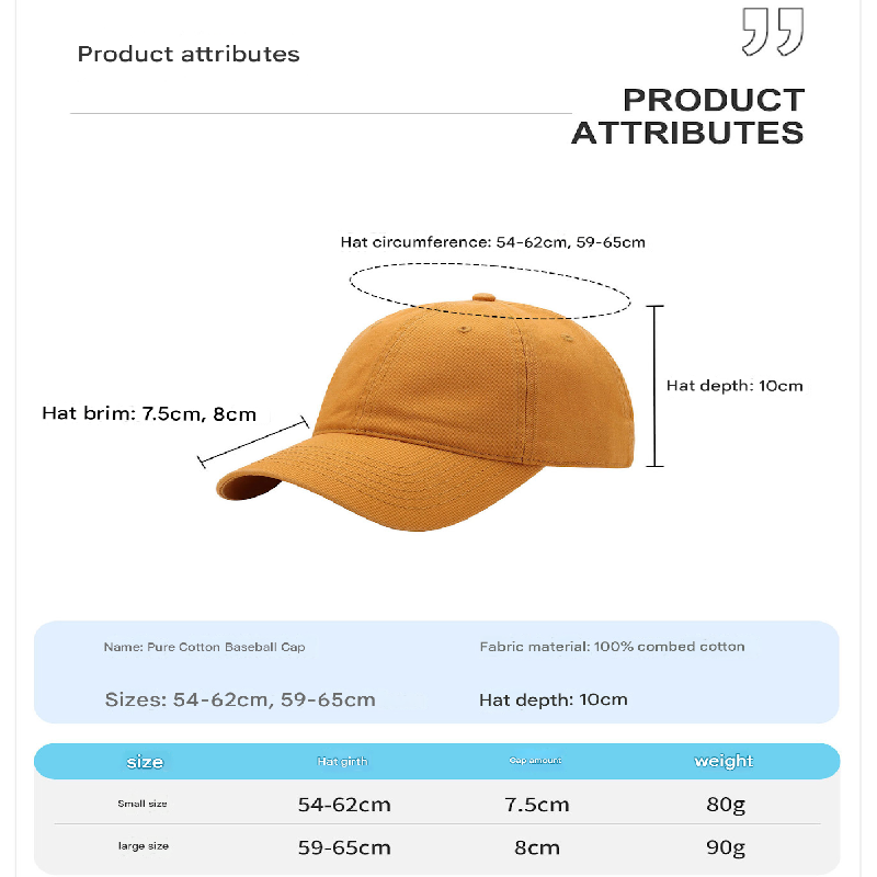 Yellow Premium Pure Cotton Quick-Dry Baseball Cap - Outdoor Sports & Camping Sun Hat, Adjustable Fit(54-62cm)
