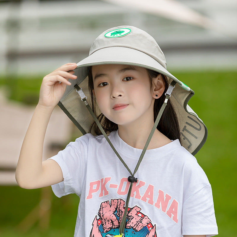 Grey Kids UV Protection Sun Hat - Breathable Wide Brim Bucket Hat with Neck Flap for Summer Beach & Outdoor Play