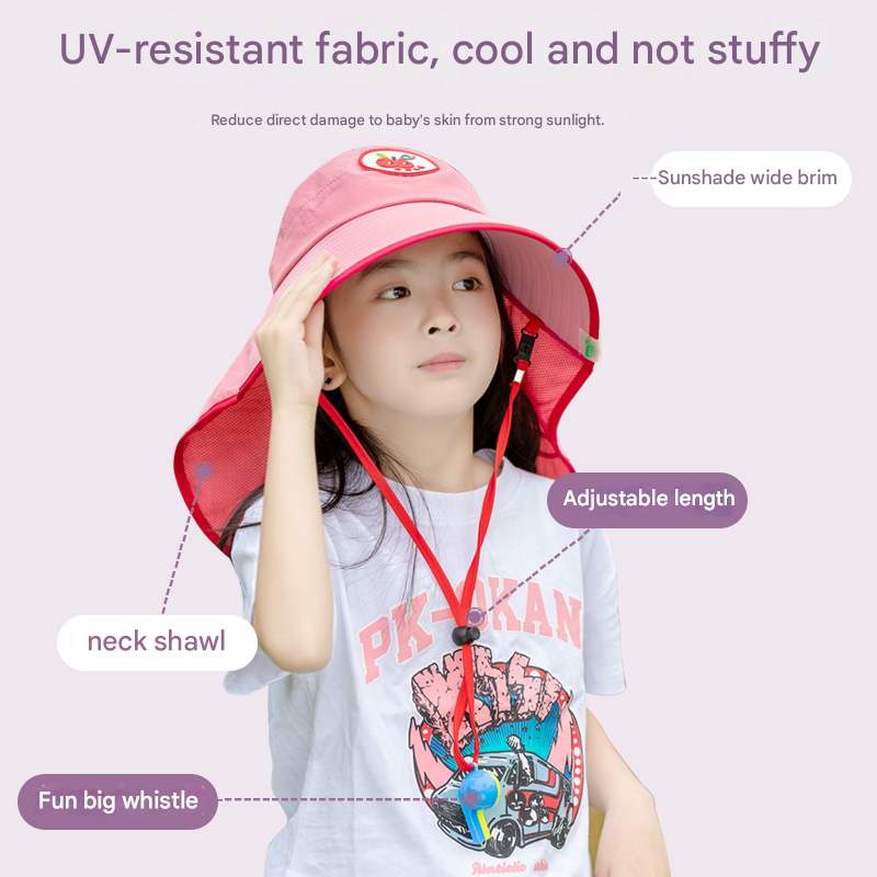 Red Kids UV Protection Sun Hat - Breathable Wide Brim Bucket Hat with Neck Flap for Summer Beach & Outdoor Play