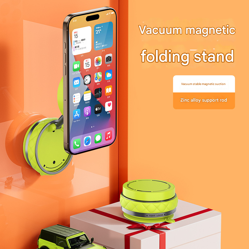 White Foldable Magnetic Phone Holder with Vacuum Suction - Multi-Angle Adjustable Zinc Alloy Desktop Phone Stand - Portable & Stable for Desk, Car & Multi-Scenario Use