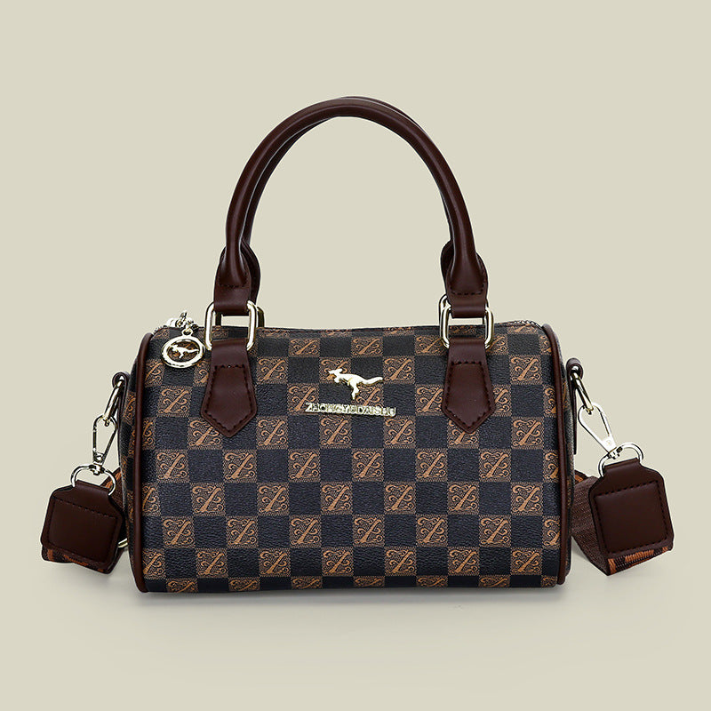 Brown checkered pattern Stylish PU Leather Boston Bag - Elegant Retro Single Shoulder Crossbody Handbag for Women