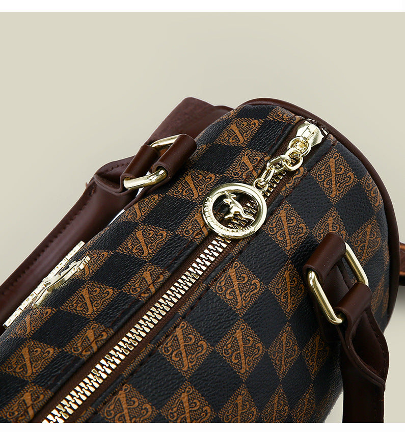 Khaki checkered pattern Stylish PU Leather Boston Bag - Elegant Retro Single Shoulder Crossbody Handbag for Women