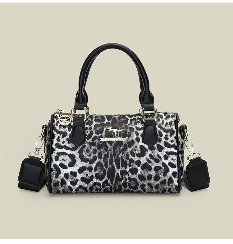 Black leopard print Stylish PU Leather Boston Bag - Elegant Retro Single Shoulder Crossbody Handbag for Women