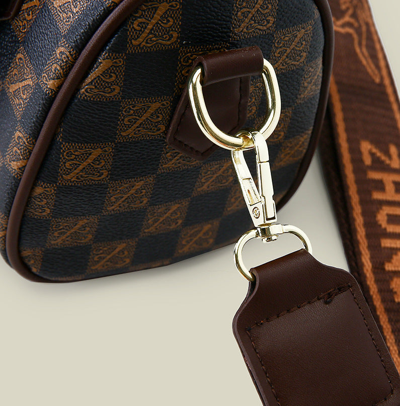 White checkered pattern Stylish PU Leather Boston Bag - Elegant Retro Single Shoulder Crossbody Handbag for Women