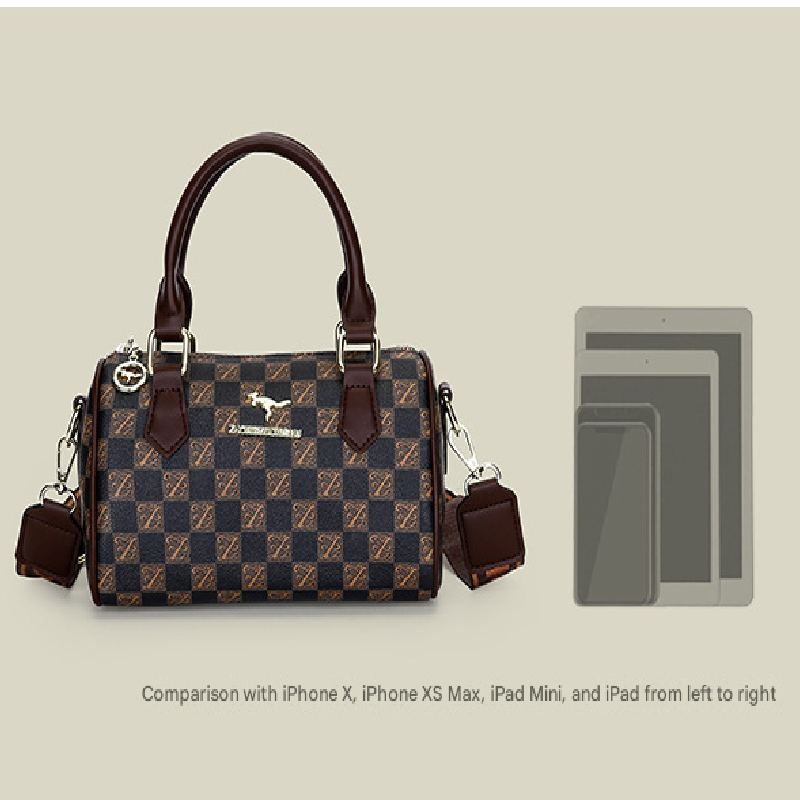 White checkered pattern Stylish PU Leather Boston Bag - Elegant Retro Single Shoulder Crossbody Handbag for Women