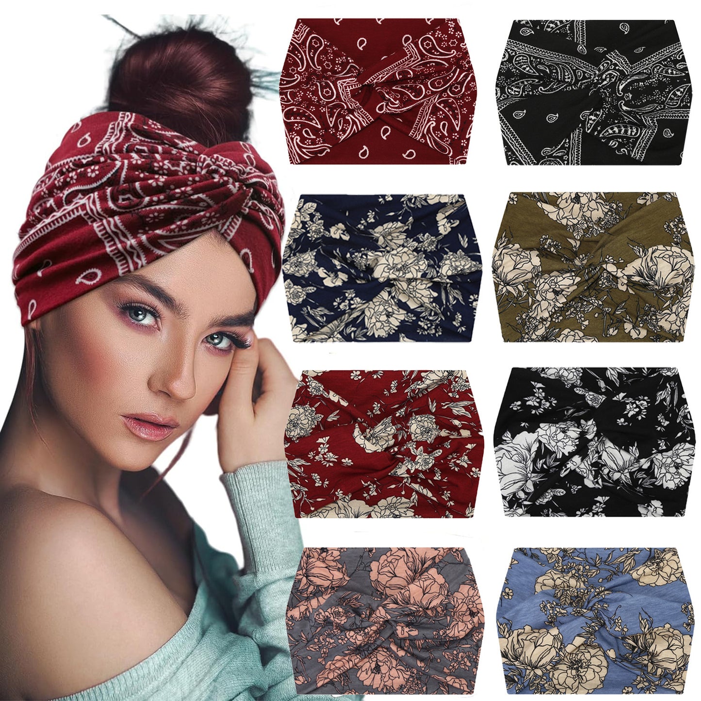 5-PCS Grey Women's Extra Wide Turban Headband - Elastic Yoga & Sports Hair Wrap
