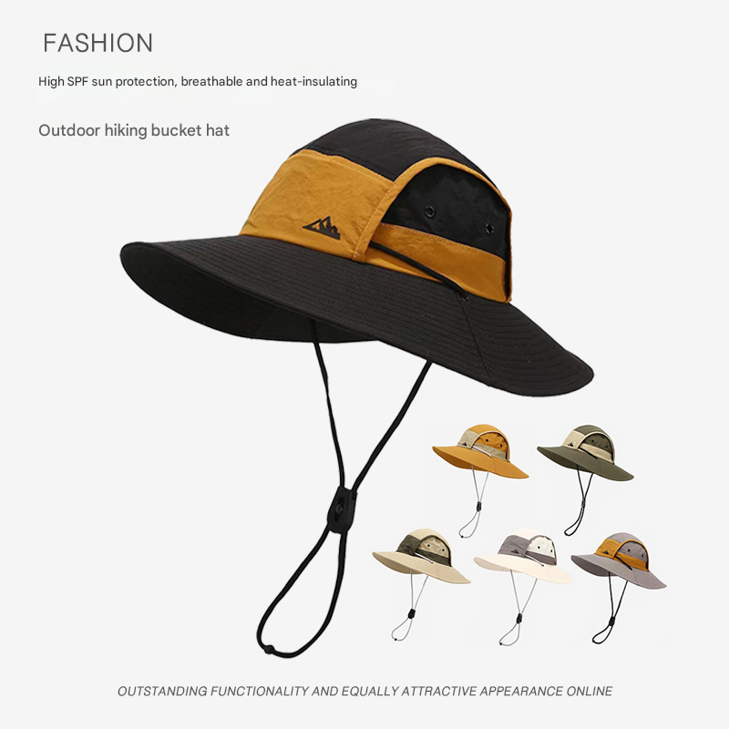 Black Quick-Dry Sun Protection Bucket Hat for Men - Breathable Outdoor Hiking & Fishing Cap with Wide Brim