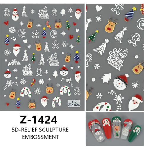 4PCS 5D Embossed Christmas Nail Art Stickers - Santa, Snowman, Reindeer & Snowflake Designs for Festive Manicures(Z-1424)