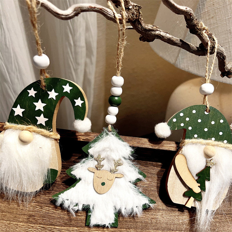 3-PCS Green wood chip trees Christmas Ornaments Hanging Pendants Nordic Style Gnomes and Reindeer with Faux Fur and Beads for Xmas Tree Home Party Decoration