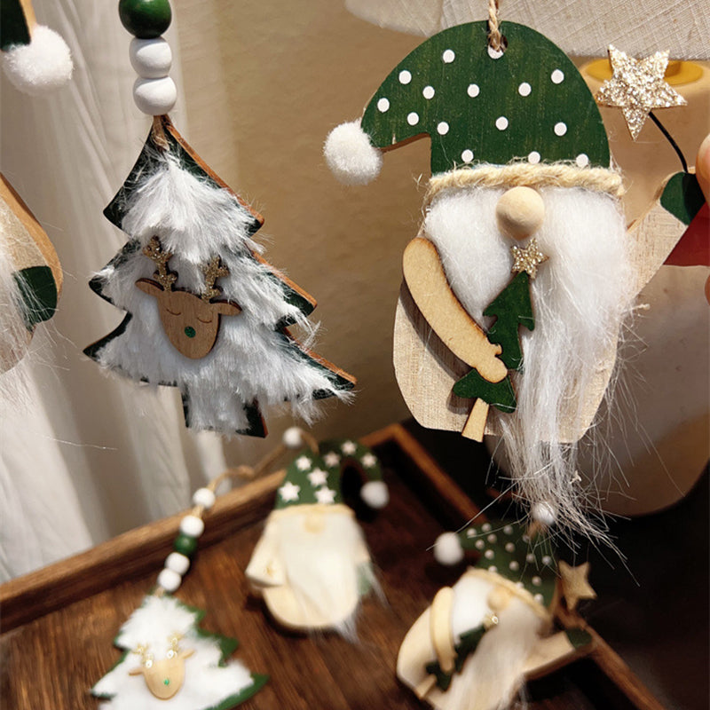 3-PCS Old Man with Green Stars Christmas Ornaments Hanging Pendants Nordic Style Gnomes and Reindeer with Faux Fur and Beads for Xmas Tree Home Party Decoration