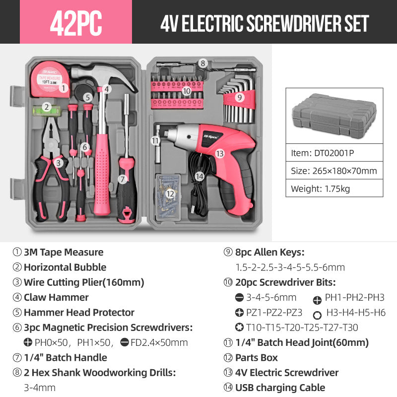 Pink 42 Piece Home Tool Set with 4V Cordless Electric Screwdriver Kit for DIY Repairs and General Household Maintenance Portable Storage Case