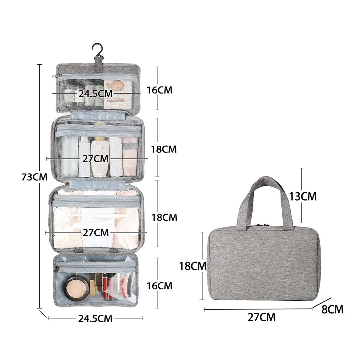Gray Waterproof 4-Fold Hanging Toiletry Bag with Wet/Dry Separation for Australian Travel & Cosmetics