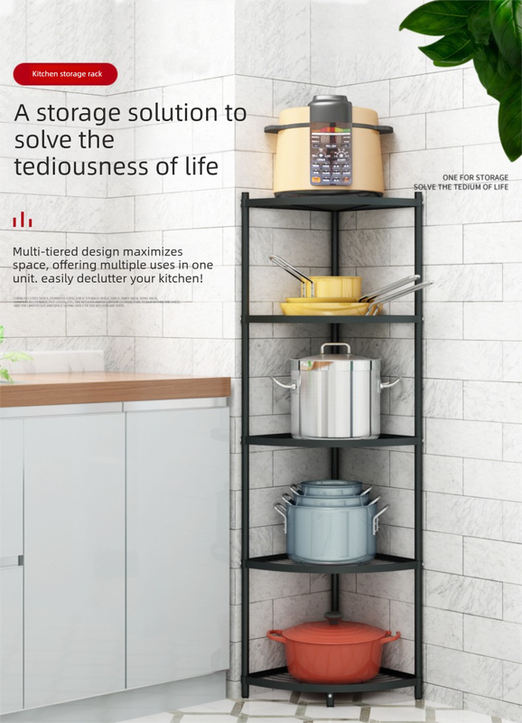 5-Tier Kitchen Corner Shelf Stand - Heavy Duty Carbon Steel Pot & Pan Organiser - Rust Resistant Freestanding Storage Rack for Small Spaces