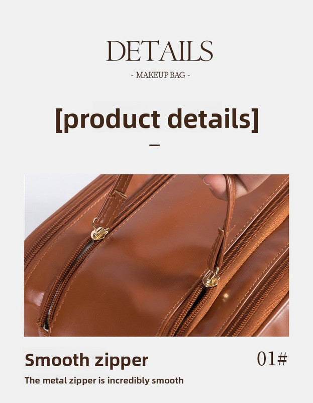 Black Large Capacity PU Leather Makeup Bag Dual Zipper Cosmetic Case Waterproof Travel Toiletry Organiser with Brush Compartment