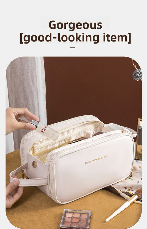 Black Large Capacity PU Leather Makeup Bag Dual Zipper Cosmetic Case Waterproof Travel Toiletry Organiser with Brush Compartment