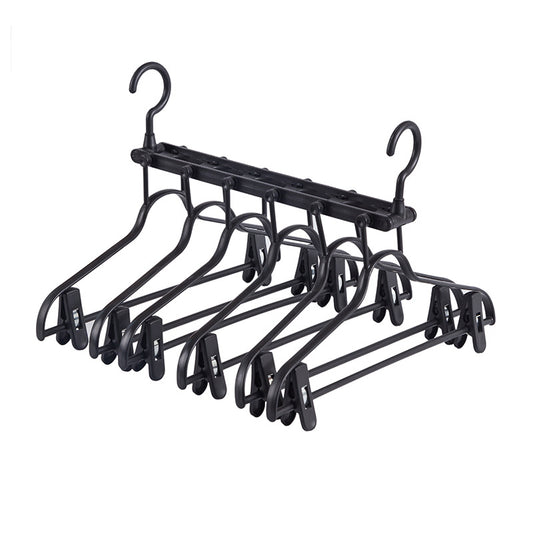 2-SET Space-Saving 6-in-1 Foldable Hanger Set Multi-Functional Closet Organizer Clothes Drying Rack with Pant Clips (Black & Black Clip Upgrade Edition) Ideal for Homes and Dorm Rooms