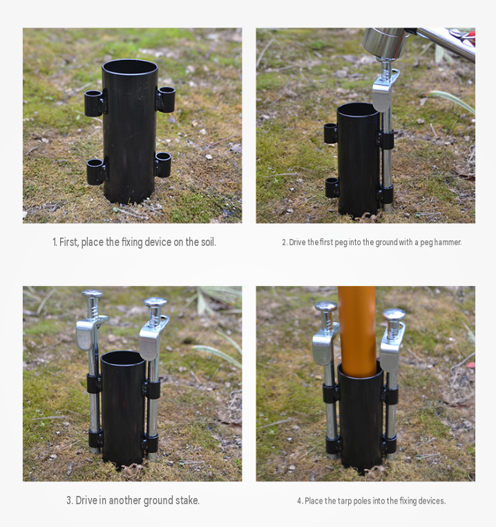 2 Pack Awning Pole Holder with 4 Ground Stakes Loops - Durable Iron Ground Support Brackets for Tent Poles up to 3.3cm Diameter, Outdoor Camping Canopy and Tarp Fixed Accessories