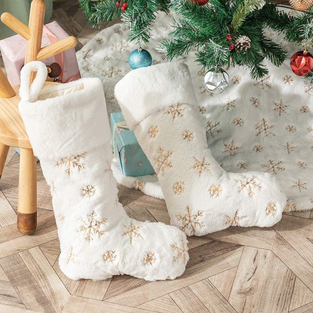 2PCS Large Sequin Plush Christmas Stocking with Gold Embroidered Snowflake Design - 46 x 30 x 18cm Soft White Hanging Gift Bag for Christmas Tree, Fireplace and Holiday Decor