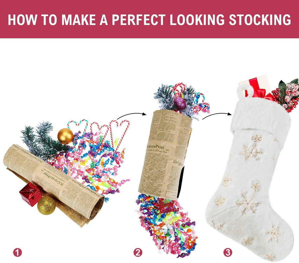 2PCS Large Sequin Plush Christmas Stocking with Silver Embroidered Snowflake Design - 46 x 30 x 18cm Soft White Hanging Gift Bag for Christmas Tree, Fireplace and Holiday Decor