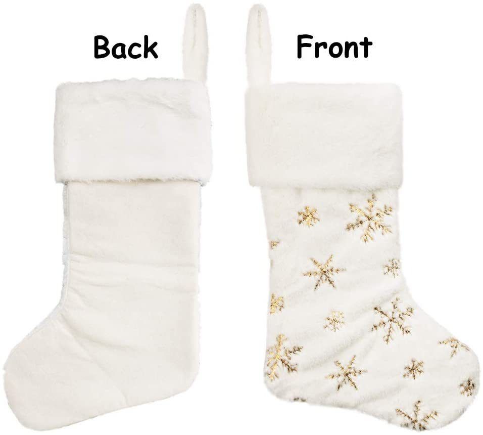 2PCS Large Sequin Plush Christmas Stocking with Silver Embroidered Snowflake Design - 46 x 30 x 18cm Soft White Hanging Gift Bag for Christmas Tree, Fireplace and Holiday Decor