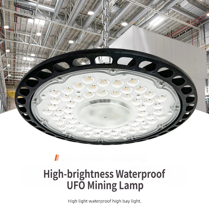 UFO LED High Bay Light 100W - Waterproof Industrial Warehouse Workshop Lighting with 50cm Hanging Chain, High Transparency Lamp Shade and Die-Cast Aluminium Housing