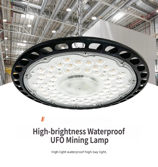 UFO LED High Bay Light 100W - Waterproof Industrial Warehouse Workshop Lighting with 50cm Hanging Chain, High Transparency Lamp Shade and Die-Cast Aluminium Housing